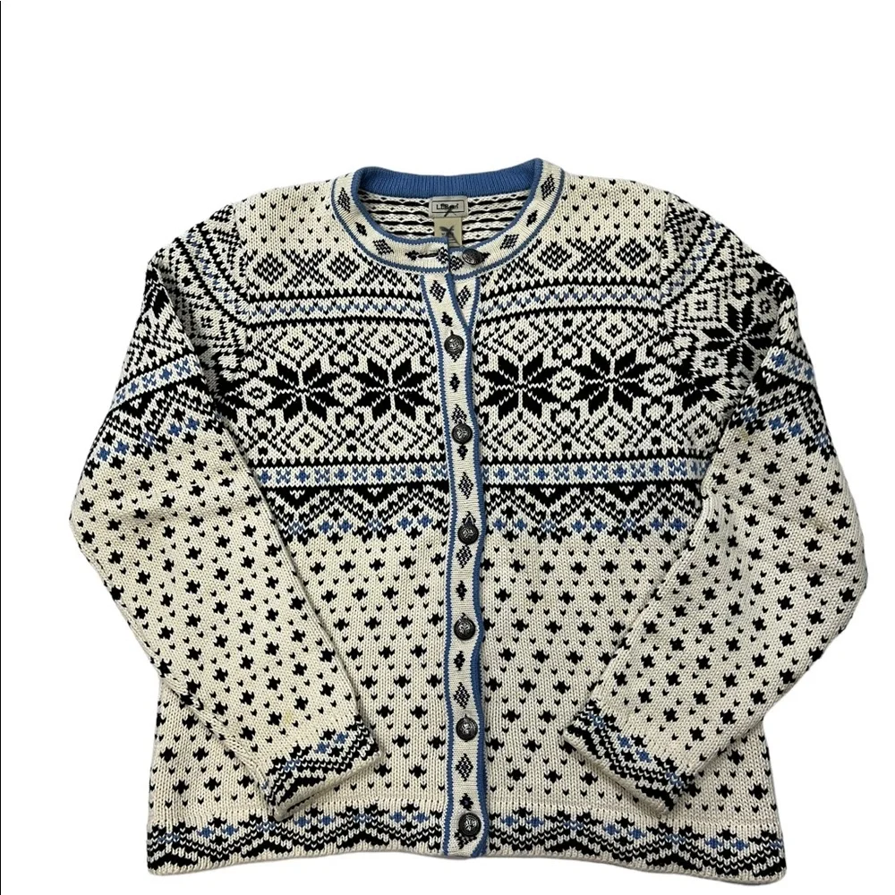 LL BEAN Cotton Cardigan Fair Isle Snowflake Nordic Print Pewter Button - Picture 4 of 10